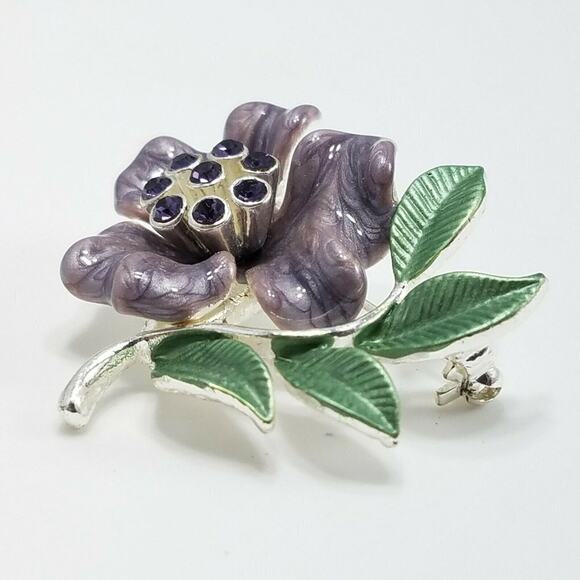 Vintage Purple Green Enamel Flower Brooch, Silver Tone, 1 1/2 In, 1990s - Picture 6 of 8